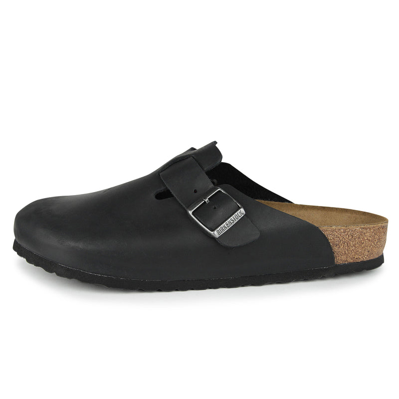 Birkenstock Boston clog in black oiled leather with contoured cork-latex footbed, side view showing unique patina finish.