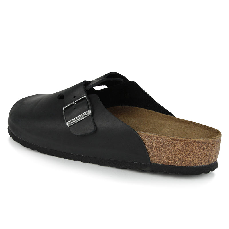 BIRKENSTOCK Boston clog in black oiled leather with contoured cork-latex footbed, perfect for custom support and unique style.