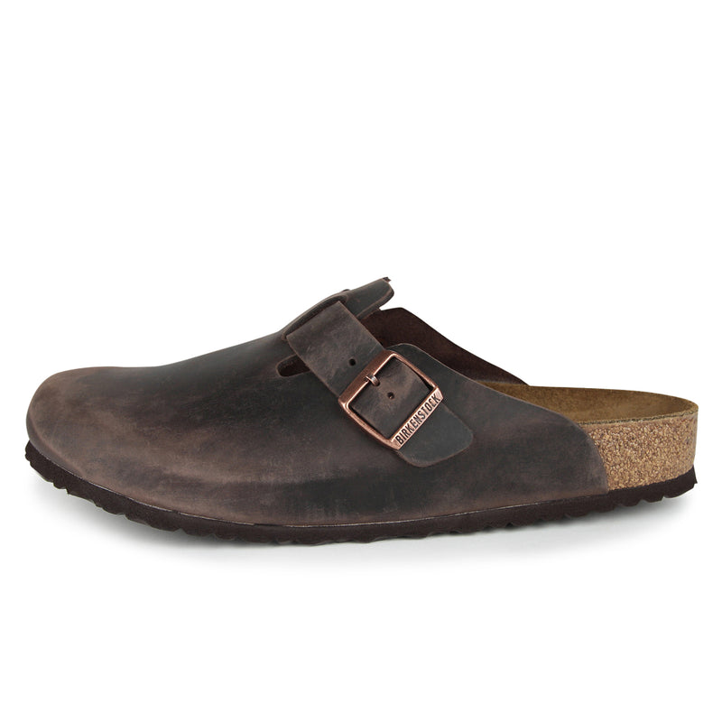 BIRKENSTOCK Boston clog in oiled leather with contoured cork-latex footbed for custom support and unique patina finish.