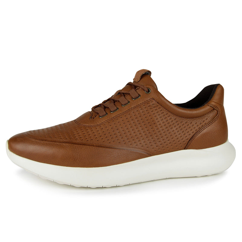 J&M Amherst 2.0 Embossed brown leather sneaker with perforated design, featuring lightweight sole and antimicrobial lining.