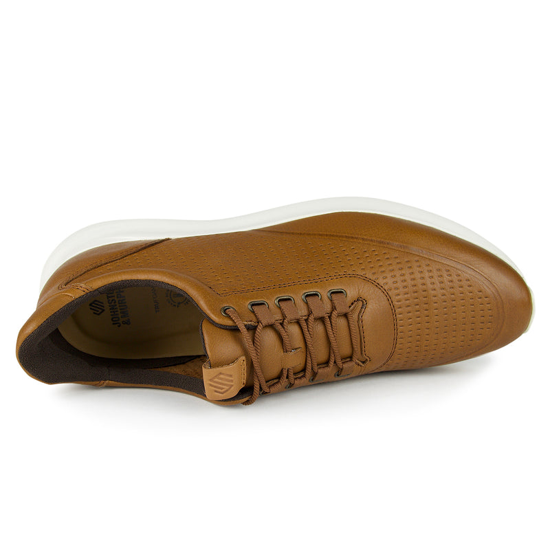 Brown leather shoe with embossed design, featuring J&M Smart Degree Technology and antimicrobial lining for comfort and durability.