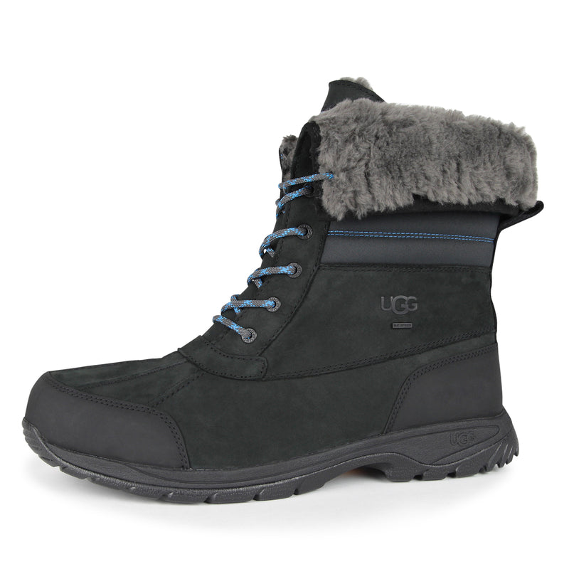 Quilted nubuck boot with cuffable shaft, UGGplush lining, waterproof design, and Vibram outsole for warmth and durability.